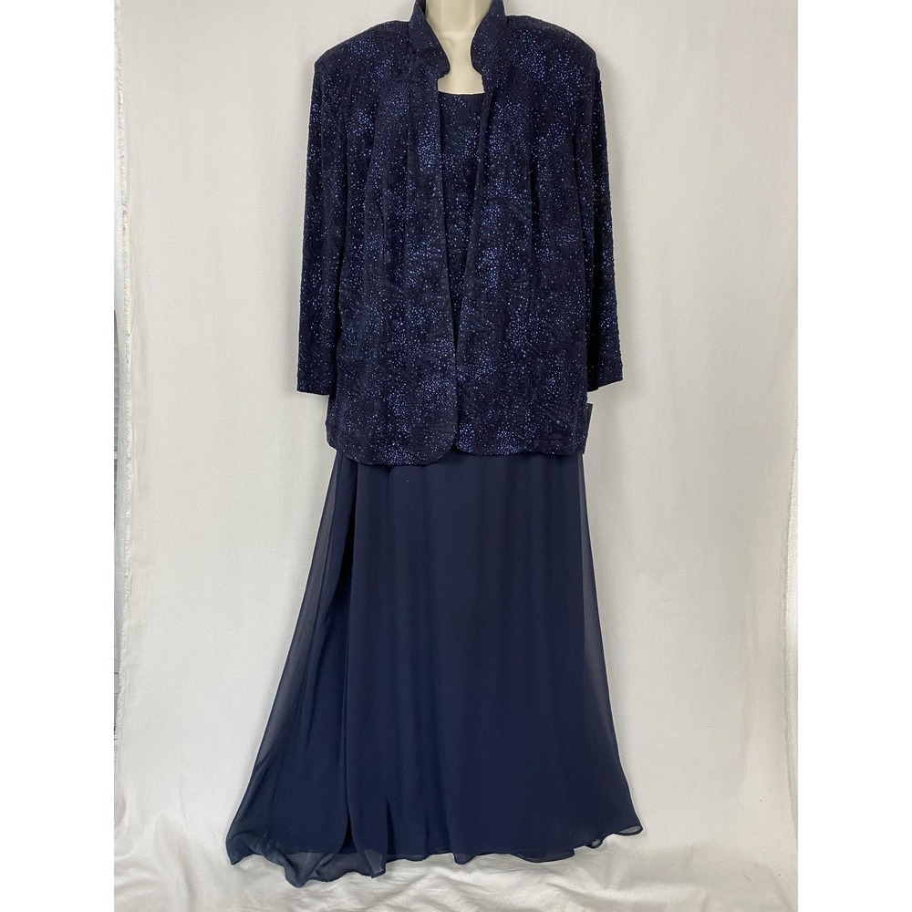 Alex Evenings 2 Piece Dress Jacket Set Womens 18W Navy Blue Glimmer Gown Formal - Picture 5 of 16